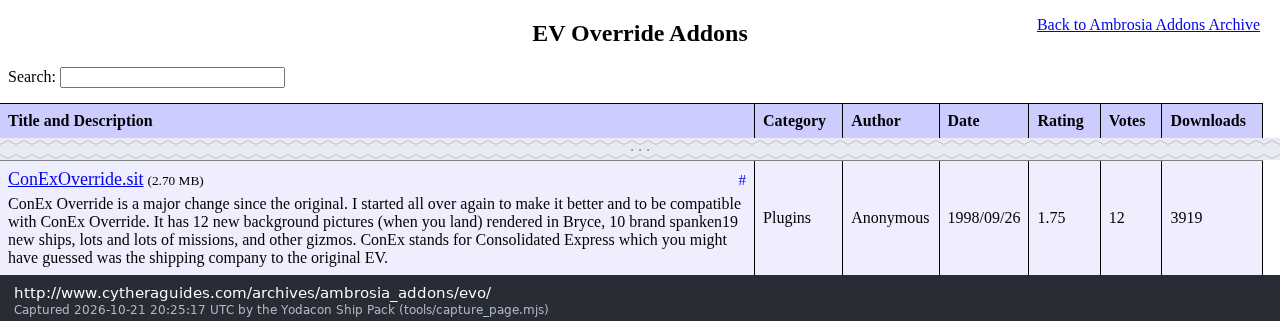 Screenshot of the ConExOverride.sit row in the Cythera Guides mirror of Ambrosia's Escape Velocity Override add-on catalogue
